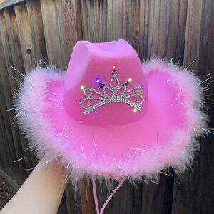 LED Light up Pink Cowgirl Hat with Tiara feather Boa,western cowboy hat.NWT